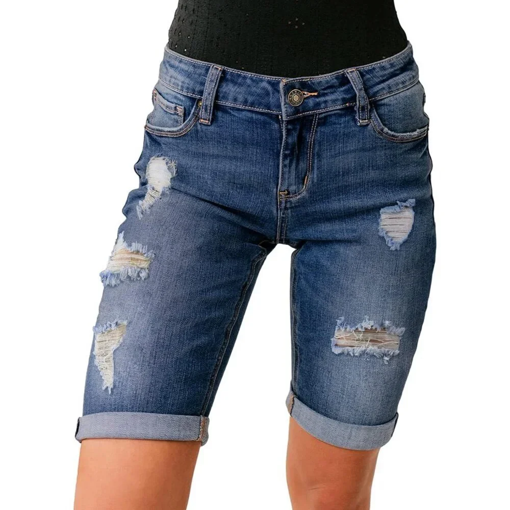 Women High Waisted Ripped Bermuda Shorts Denim 10 Inch Casual Fit